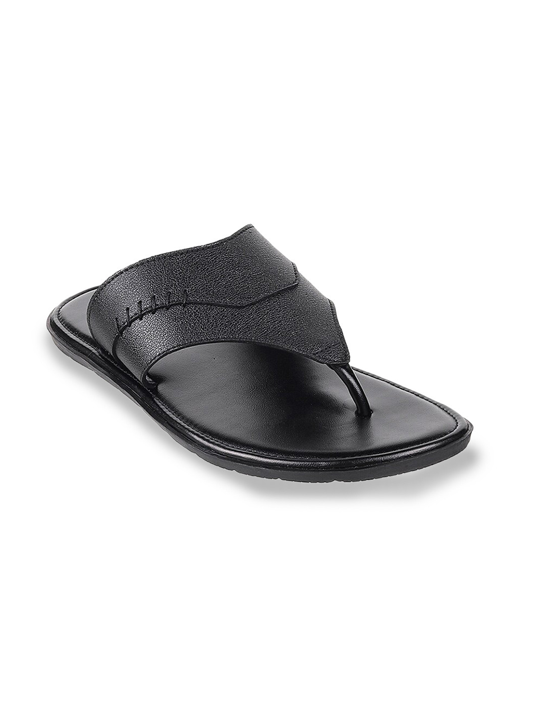 Mochi Men Black Solid Leather Open Toe Flats