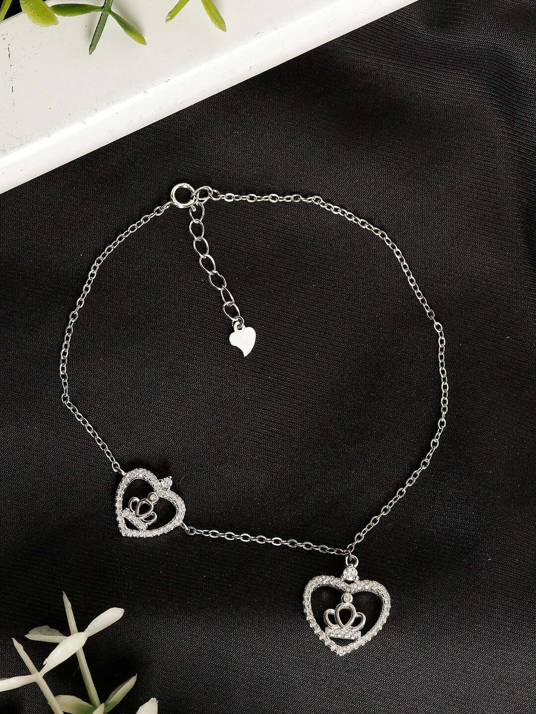 GIVA 925 Sterling Silver Rhodium Plated Crown Heart Adjustable Anklet