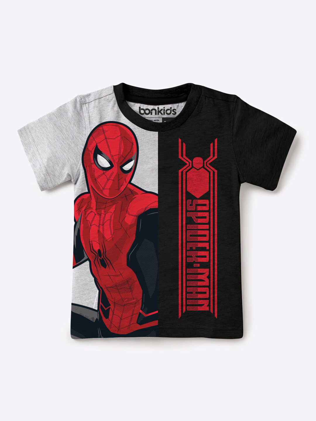 BONKIDS Boys Black  Grey Superman Printed Slim Fit Pure Cotton T-shirt