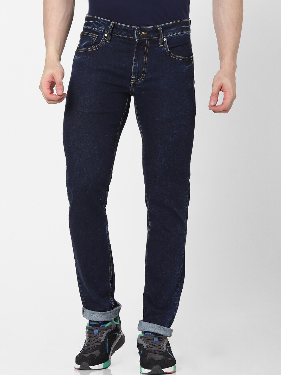 Celio Men Navy Blue Slim Fit Bleached Stretchable Jeans