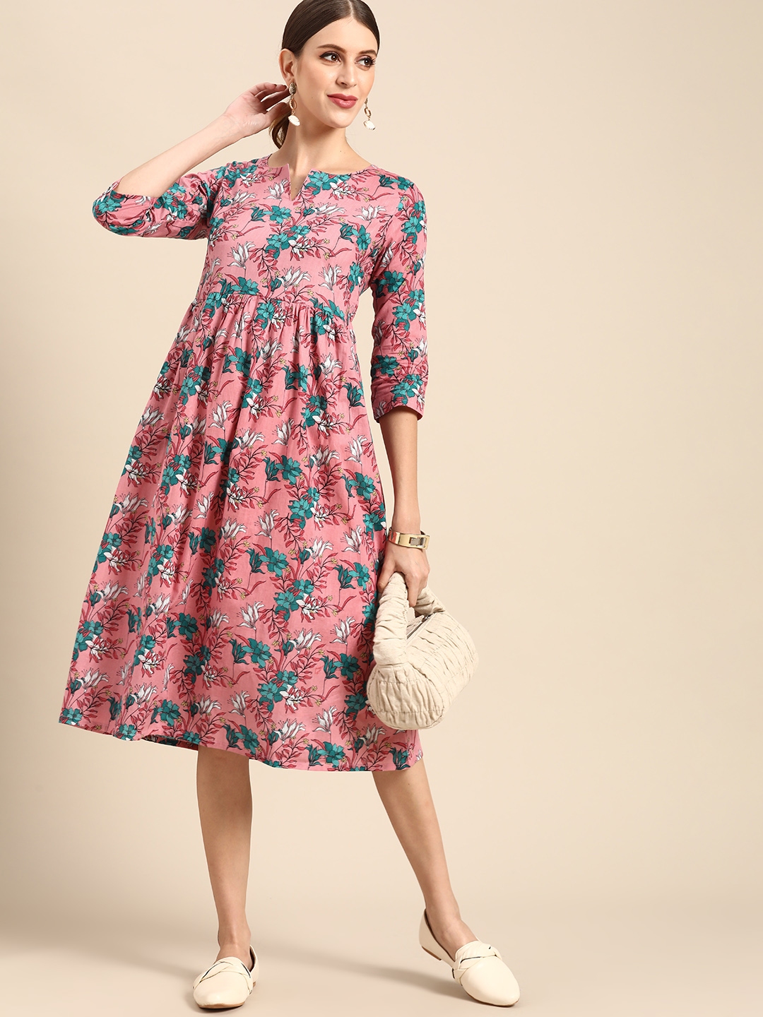 Anouk Women Pink & Blue Ethnic Motifs Print Pure Cotton A Line Midi Dress - Ethnic Dresses for Women 14925338 | Myntra