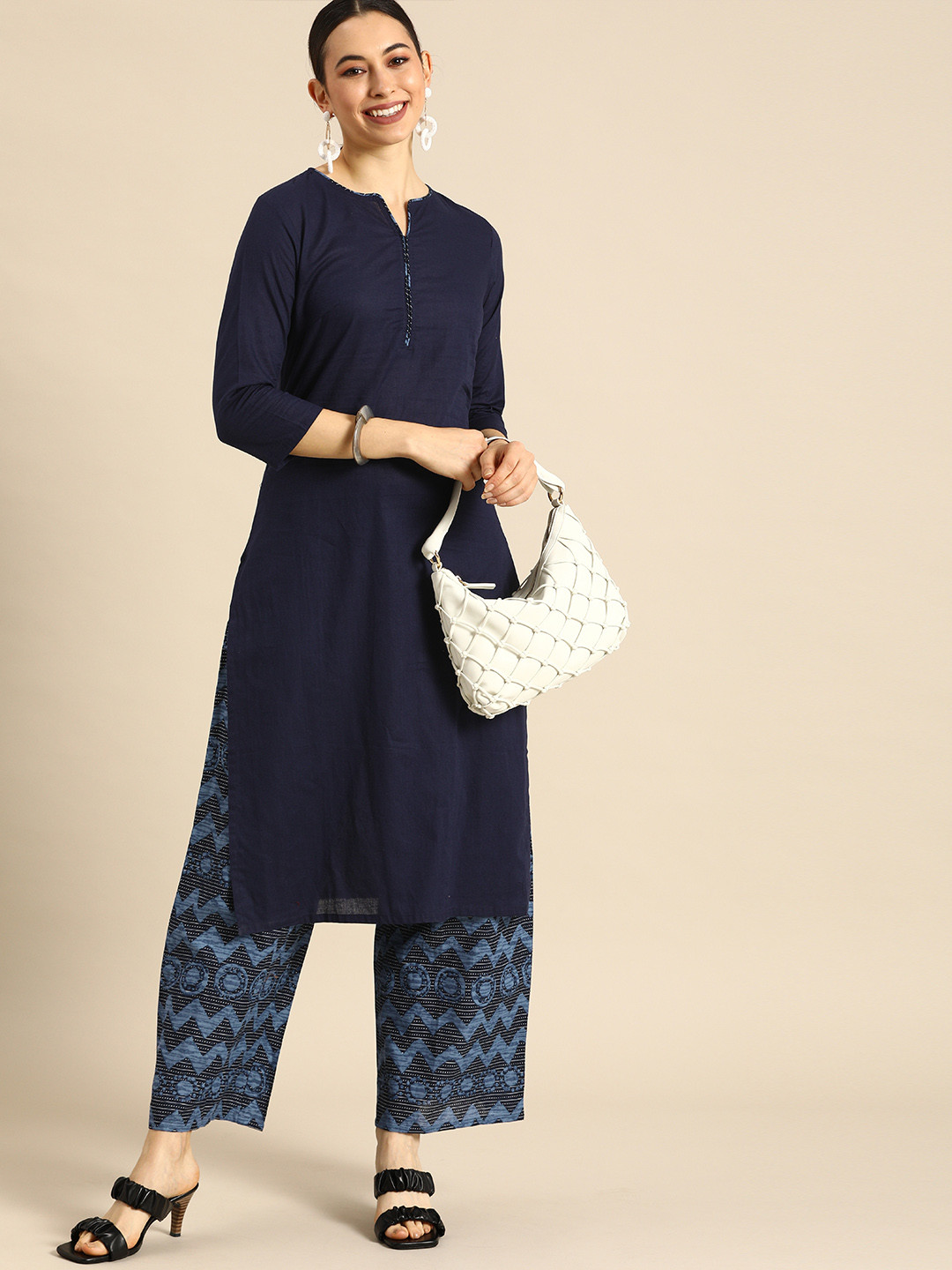 Anouk Women Navy Blue Solid Regular  Cotton Kurta with Printed Palazzos