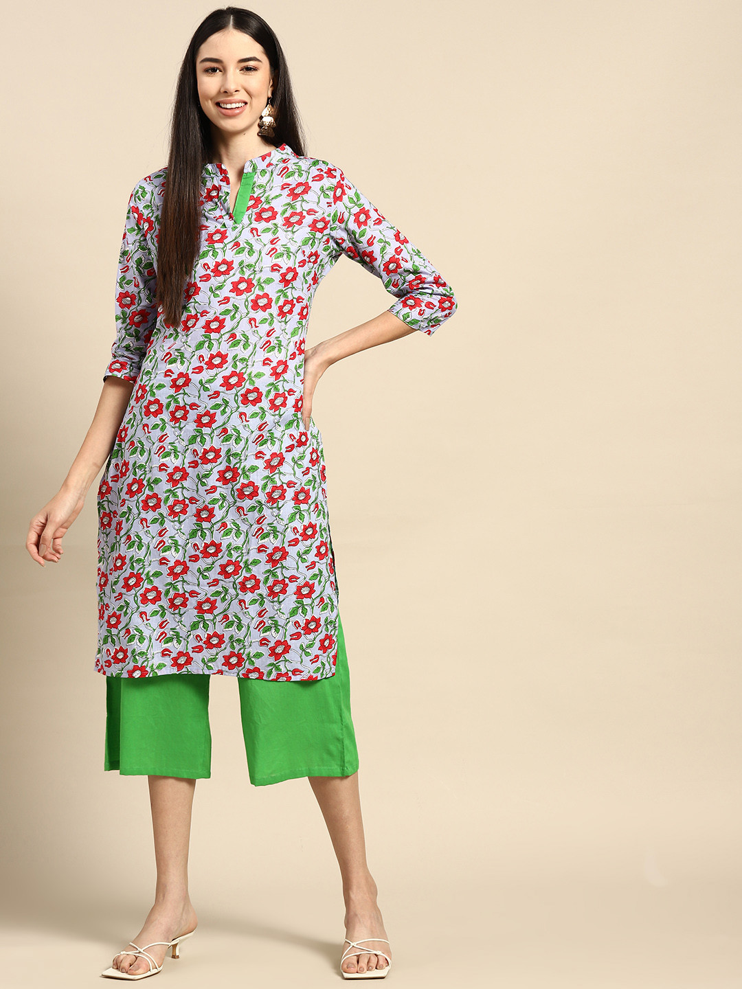 Anouk Women Blue & Green Ethnic Motifs Printed Pure Cotton Kurta with Culottes