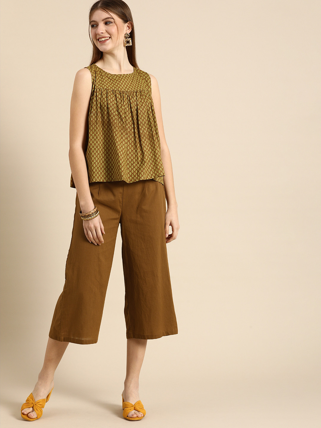 Anouk Women Olive Green & Beige Printed Pleated  Cotton Top with Culottes