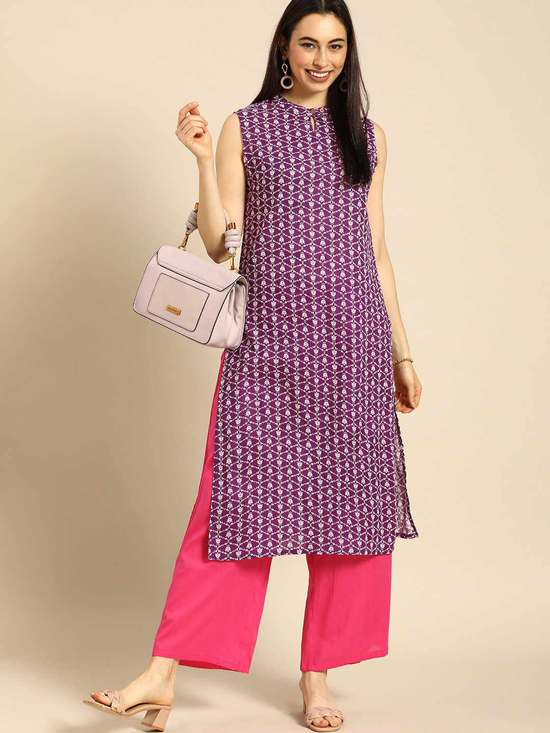 Anouk Women Purple Floral Printed Regular Pure Cotton Kurta with Palazzos