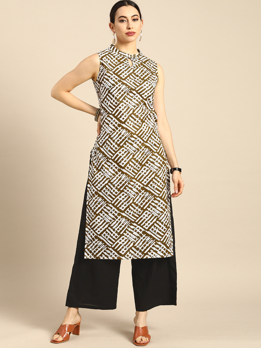 Anouk Women Brown And White Printed Keyhole-Neckline  Cotton Kurta with Palazzo