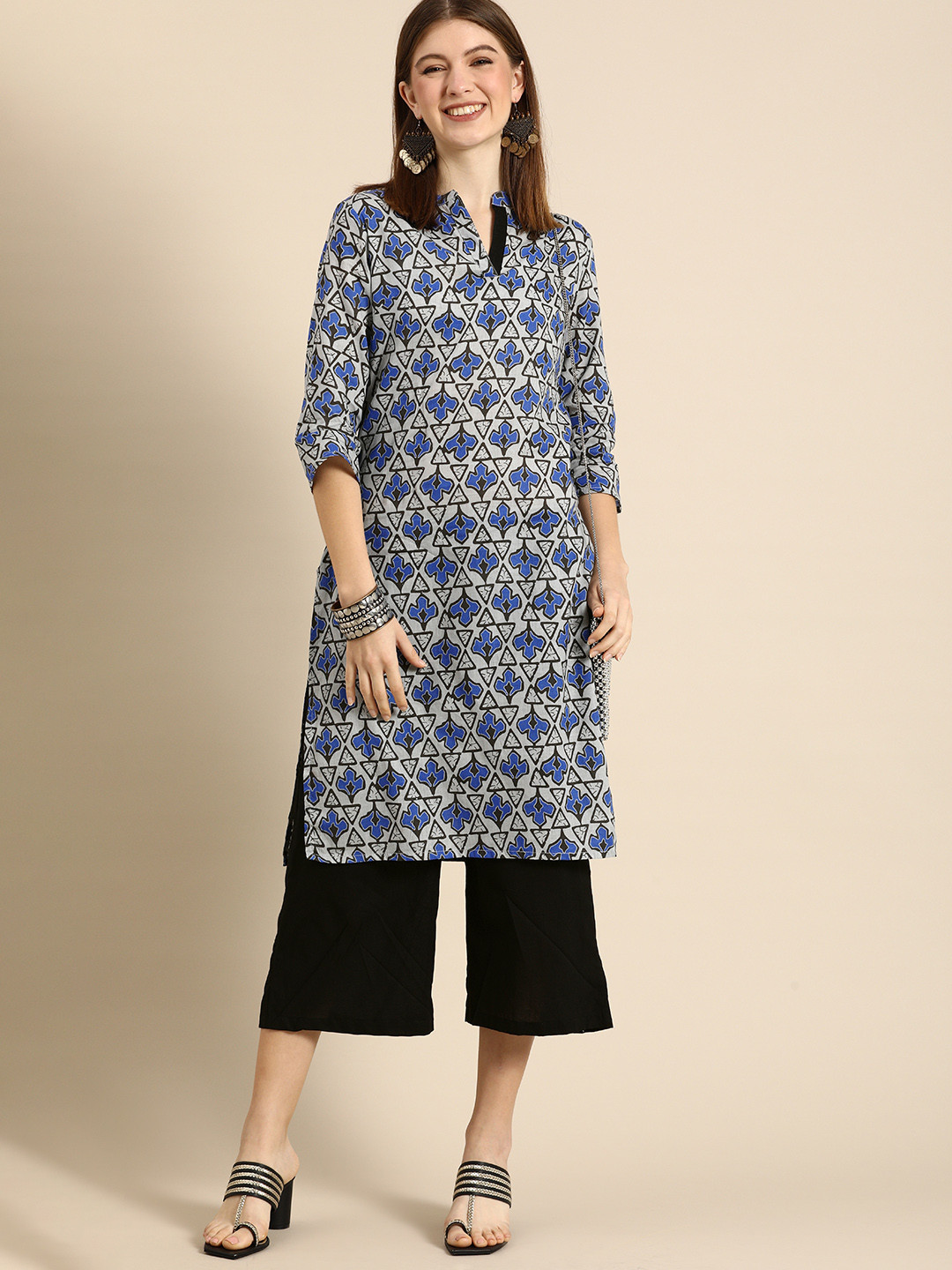 Anouk Women Grey And Blue Printed Regular Pure Cotton Kurta with Solid Black Culottes