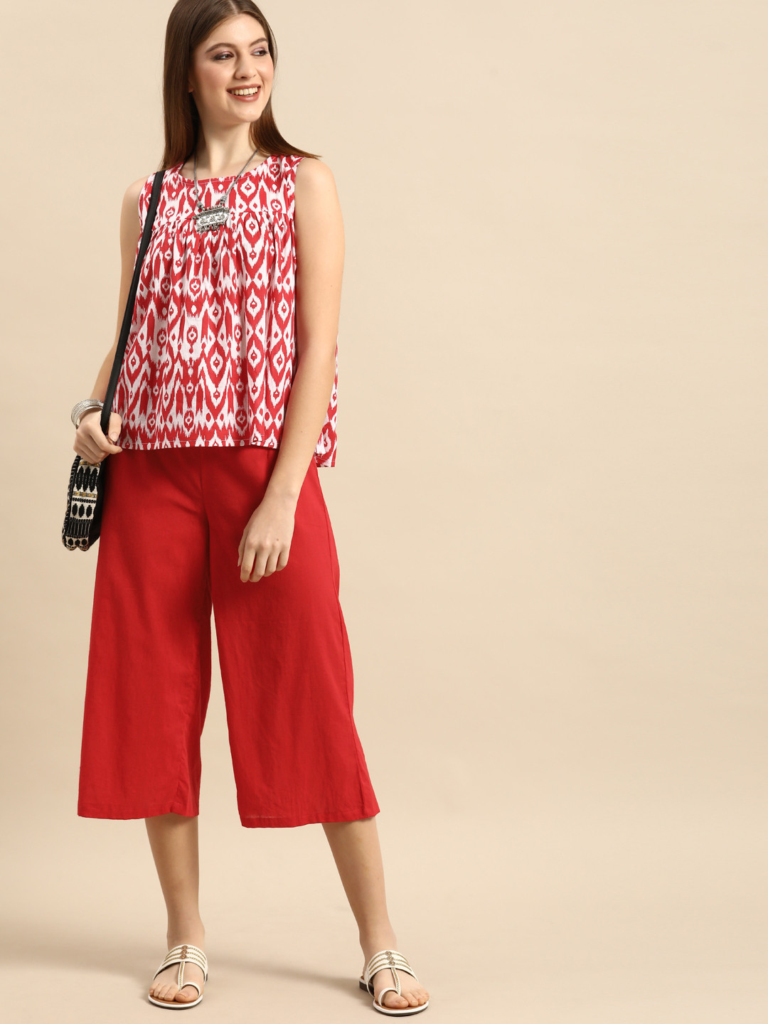 Anouk Women Red & White Printed Pleated  Cotton Kurti with Trousers