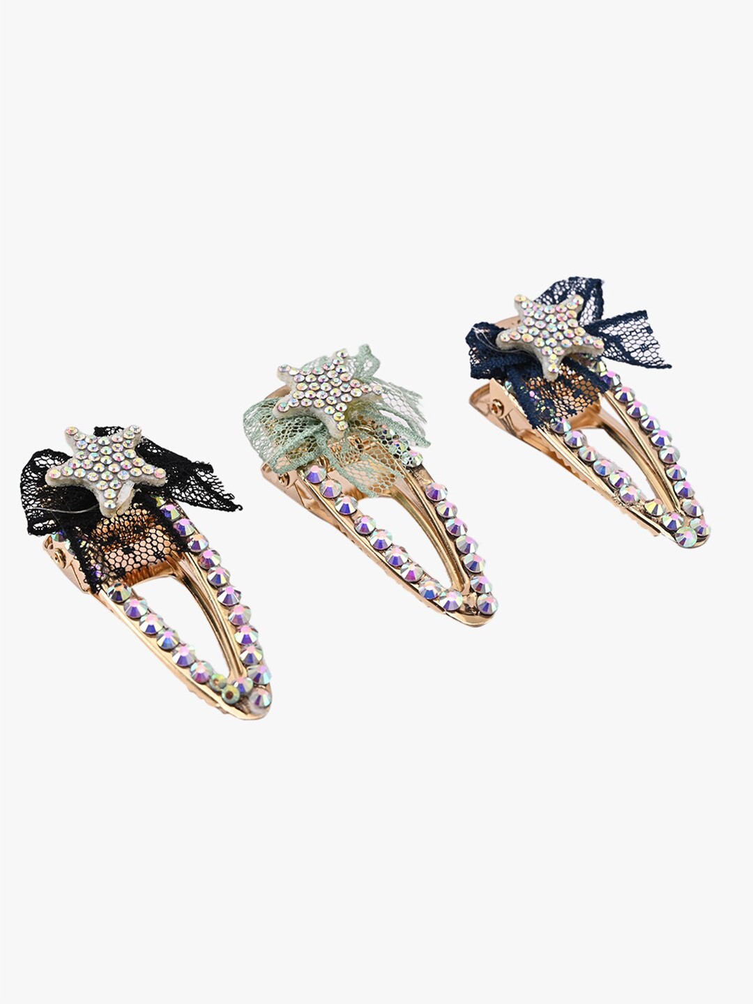 BuckleUp Girls Gold-Toned & Black Set of 3 Embellished Tic Tac Hair Clip