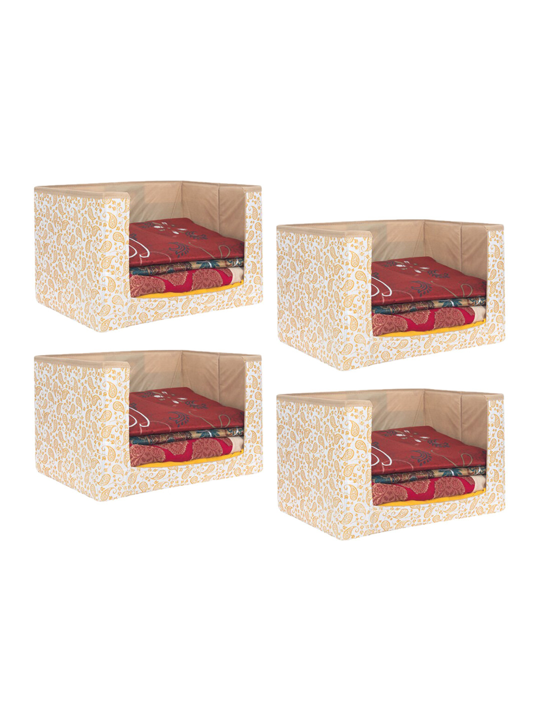 prettykrafts Set Of 4 Beige & White Leaves Printed Foldable Rectangle Cloth Saree Stacker Organisers