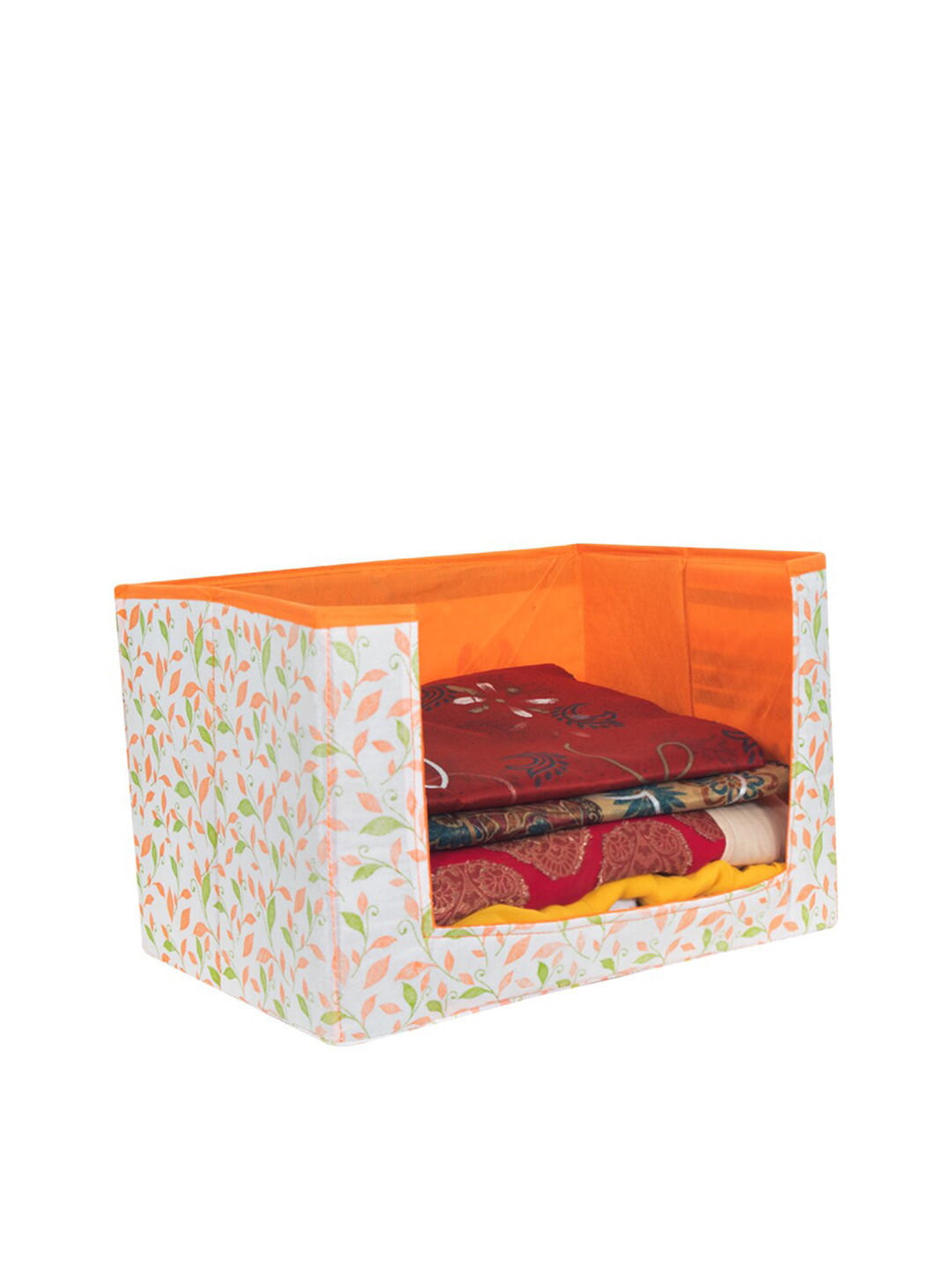 prettykrafts Orange & White Leaf Printed Foldable Rectangle Saree Stacker Organiser