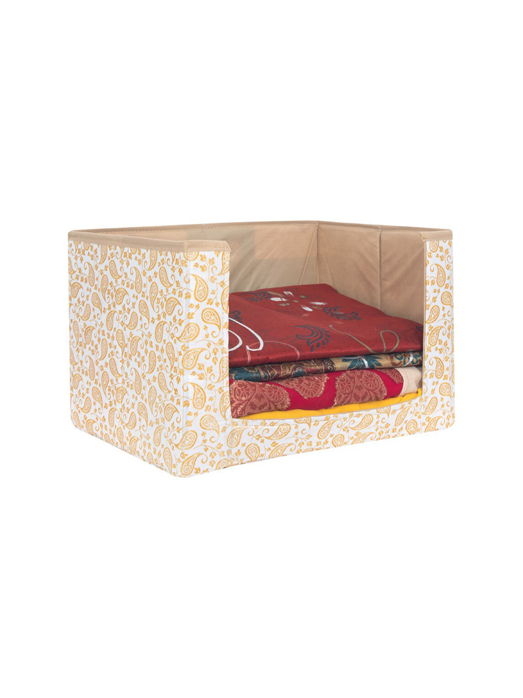 prettykrafts Beige and White Leaves Printed Foldable Rectangle Cloth Saree Stacker Organiser
