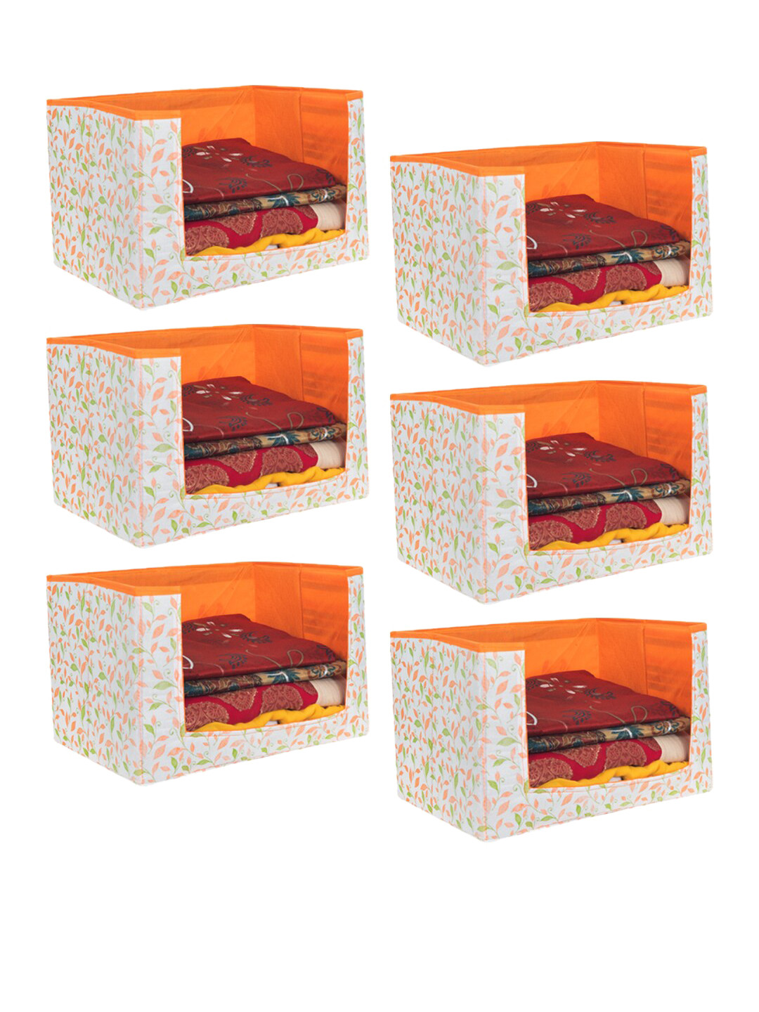 prettykrafts Set Of 6 Orange & White Printed Saree Stacker Organisers