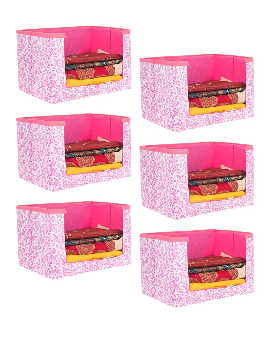 prettykrafts Set Of 6 Pink & White Leaf Printed Foldable Rectangle Saree Stacker Organisers