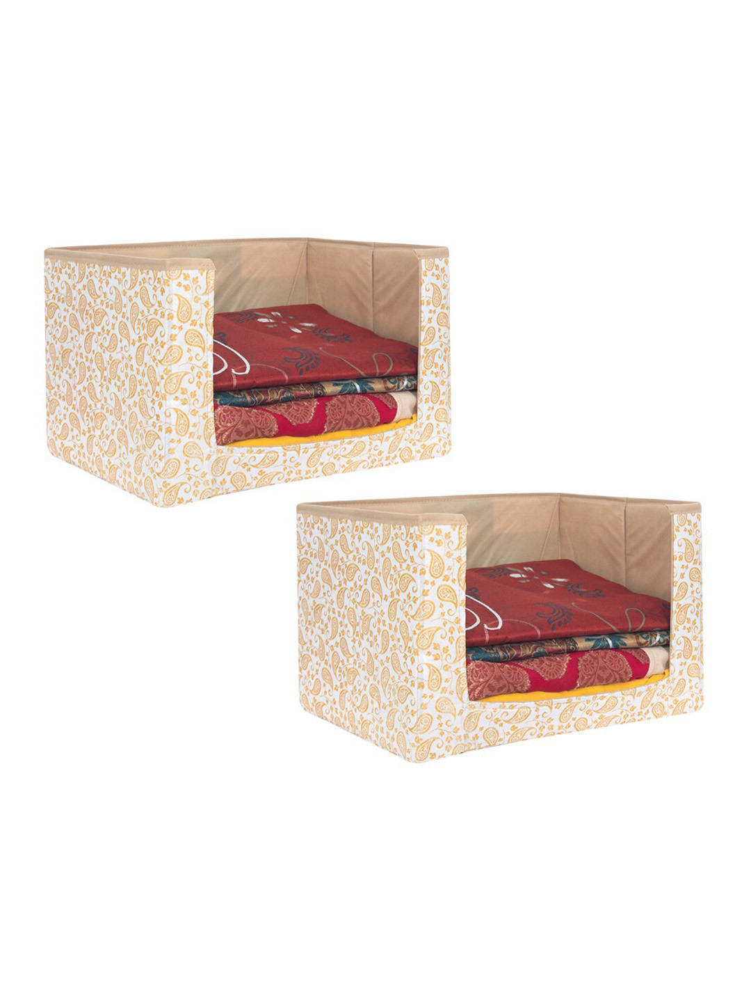 prettykrafts Set Of 2 White & Beige Leaves Printed Cloth Saree Stacker Organisers