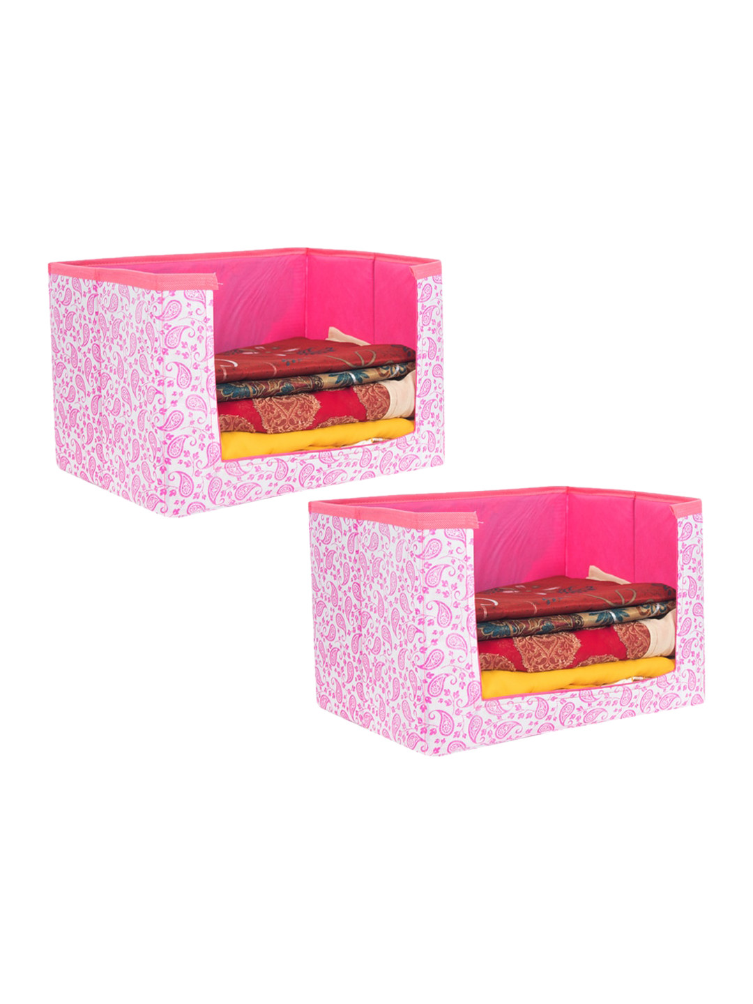 prettykrafts Set Of 2 Pink & White Leaves Printed Foldable Rectangle Cloth Saree Stacker Organisers
