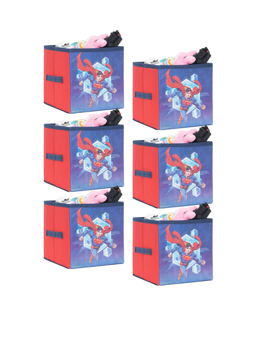 prettykrafts Red & Blue Set of 6 Superman Printed Foldable Toys Organizer Storage Box