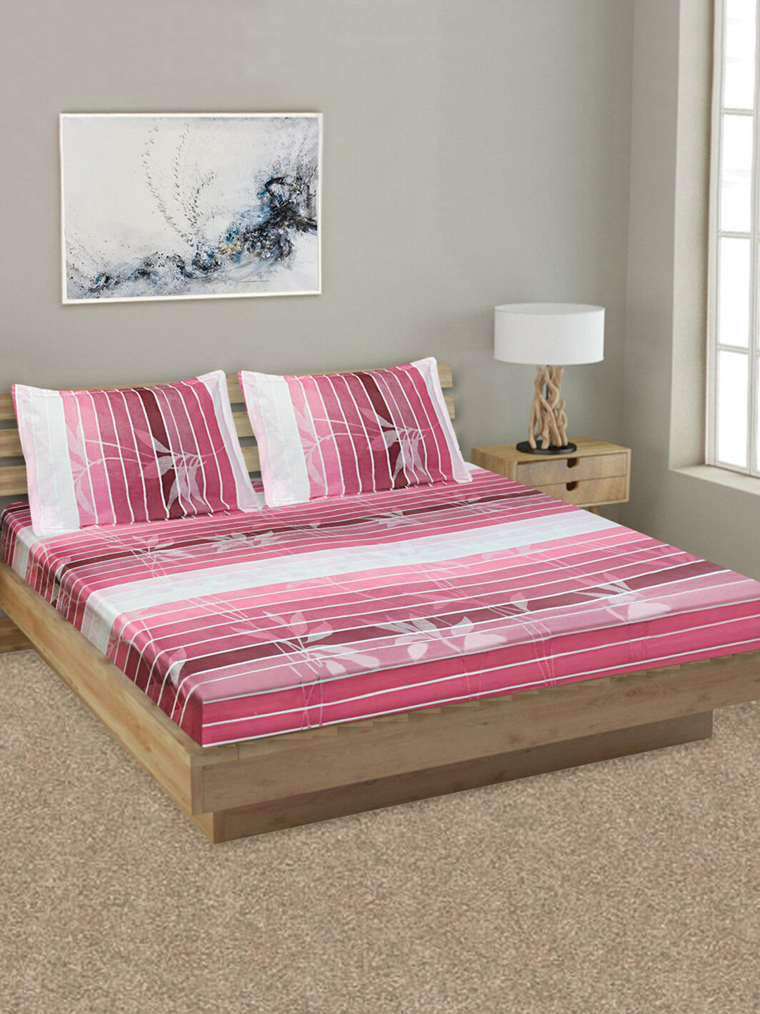 Good Homes by Home Candy Red & White 144 TC Cotton Queen Bedsheet with 2 Pillow Covers