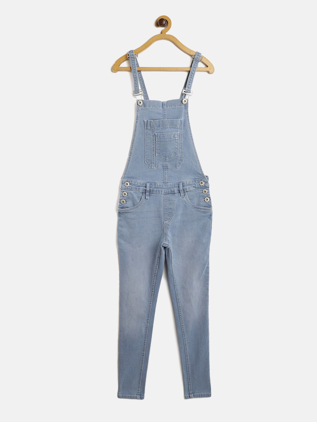 UTH by Roadster Girls Blue Solid Denim Dungarees with Oversized Patch Pocket