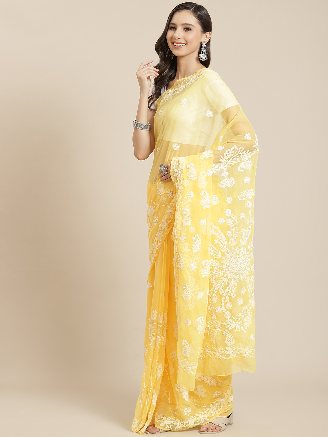 ADA Yellow & White Sustainable Chikankari Hand Embroidered Saree