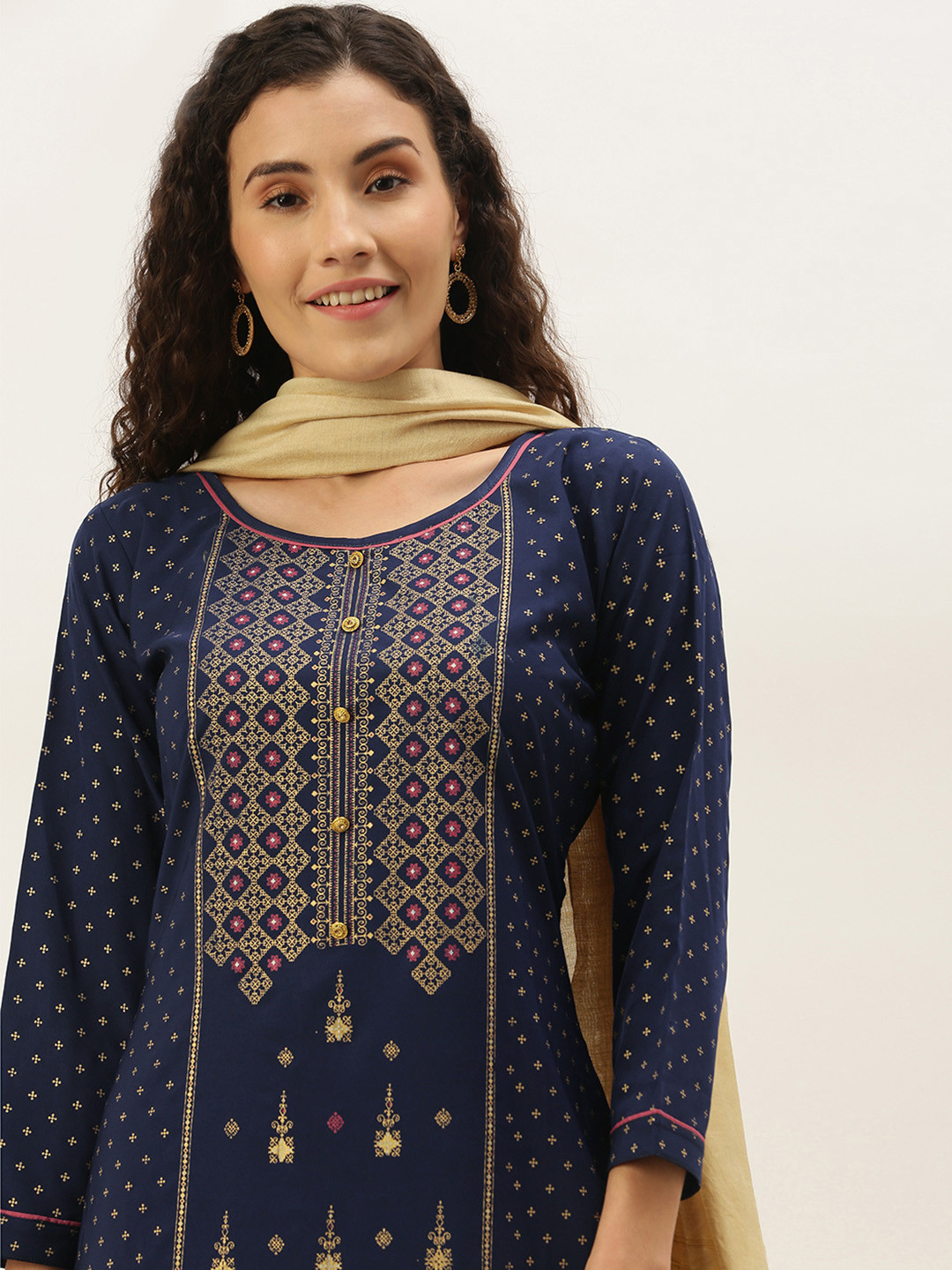 SheWill Women Navy Blue & Golden Foil Printed Kurta with Trousers & Dupatta