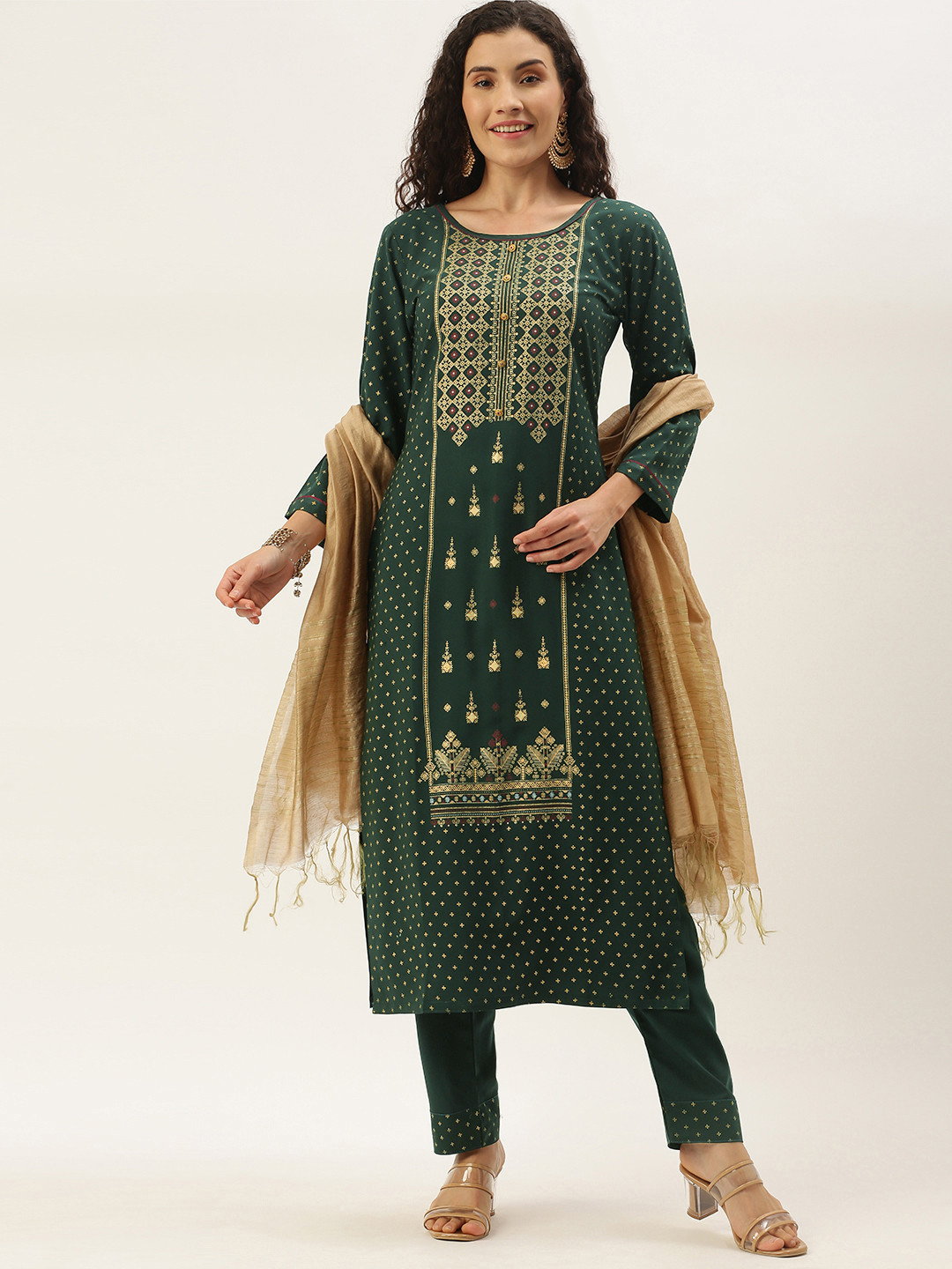 SheWill Women Green & Golden Foil Printed Kurta with Trousers & Dupatta