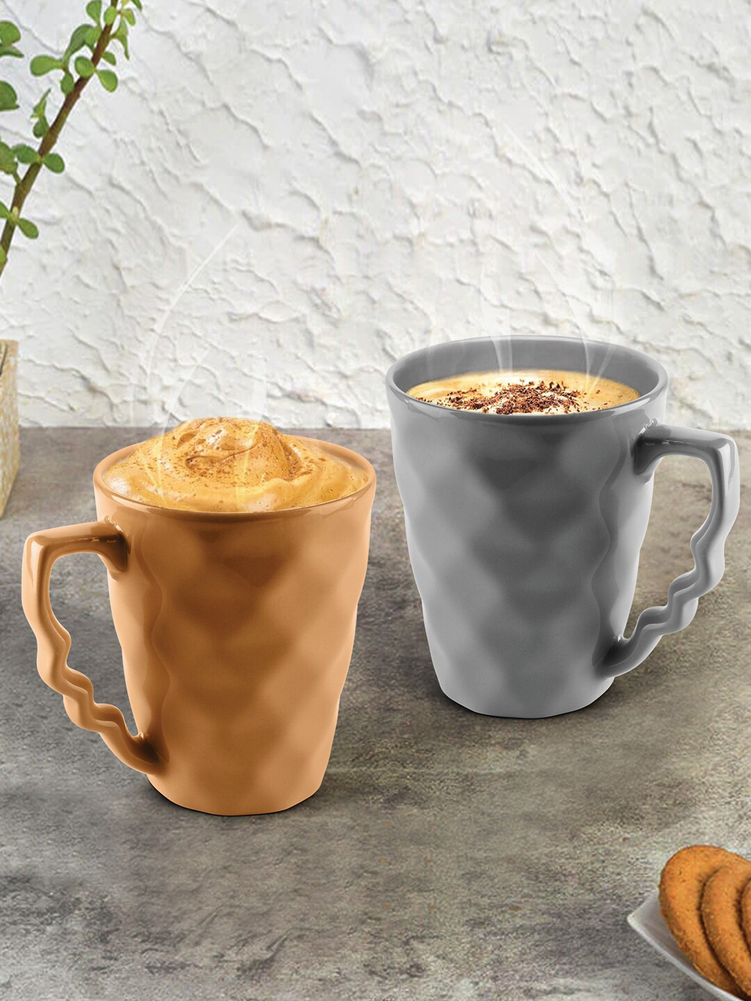 URBAN CHEF Mothers Day Gift Grey Textured Ceramic Handcrafted 2 Piece Mugs-225ml