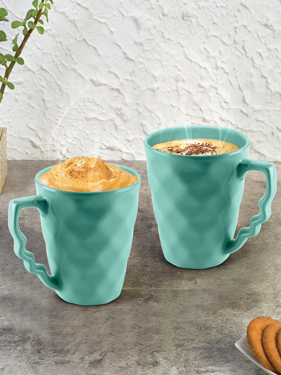 URBAN CHEF Mystic Bloom Sea Green Geometric Ceramic Handmade 2 Piece Mugs-225ml