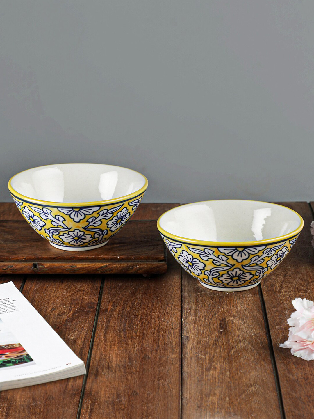 VarEesha Yellow & White 2 Pieces Handcrafted & Hand Painted Printed Ceramic Glossy Bowls