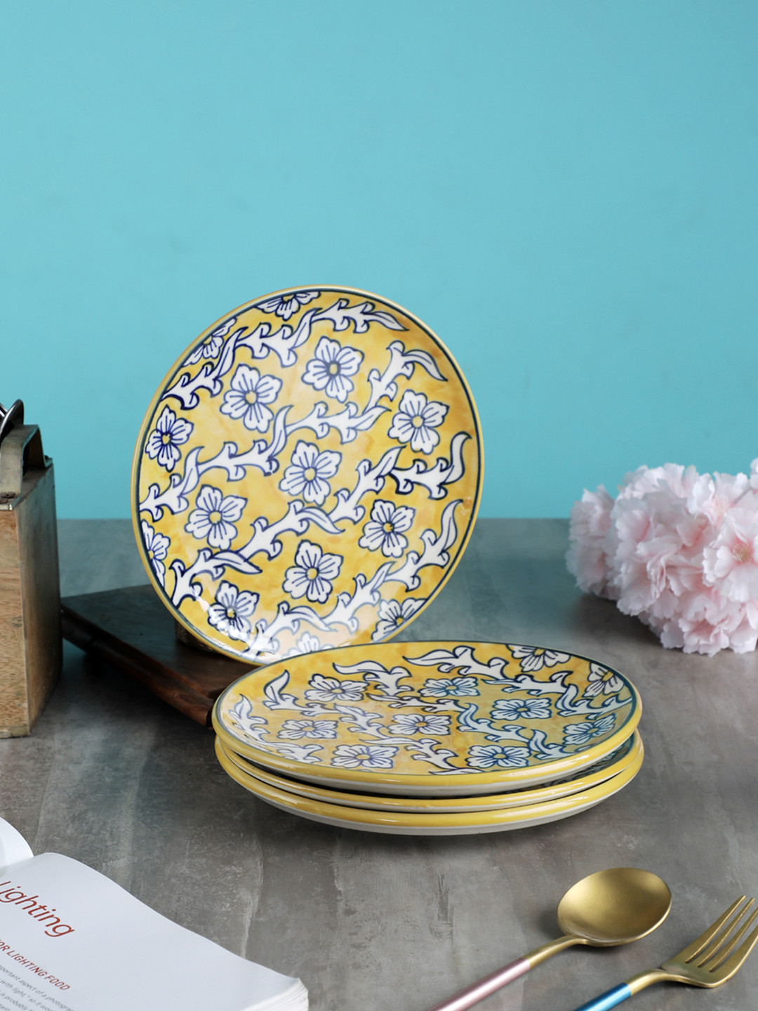 VarEesha Yellow & White 4 Pieces Handcrafted and Hand Painted Printed Ceramic Glossy Plates
