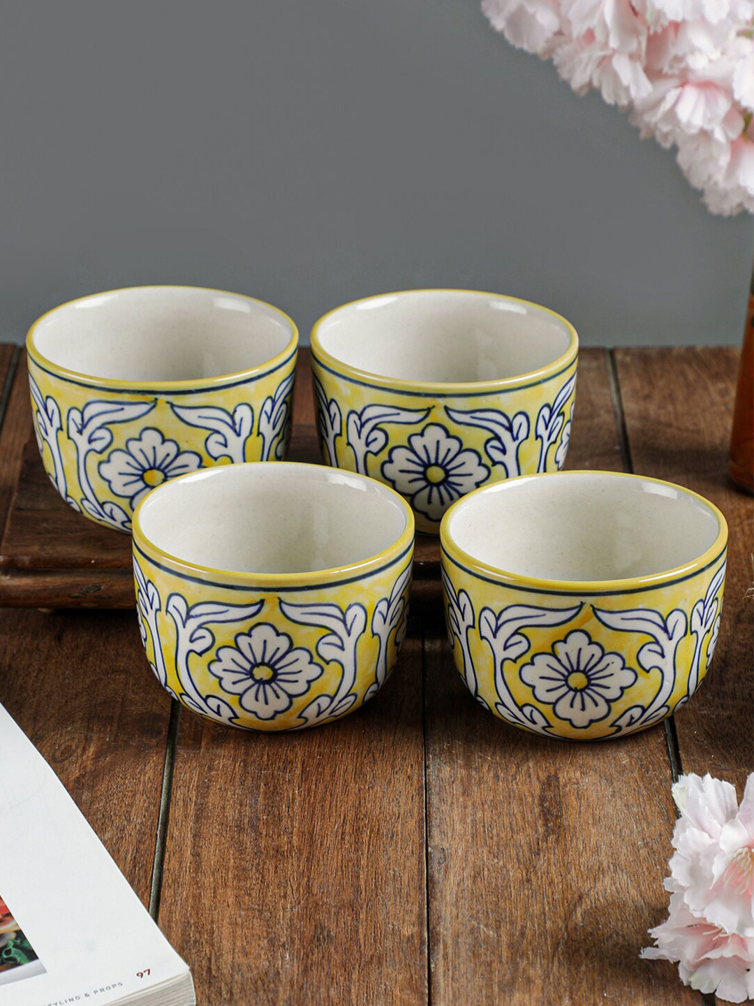 VarEesha Yellow & White 4 Pieces Handcrafted & Hand Painted Ceramic Curry Bowls