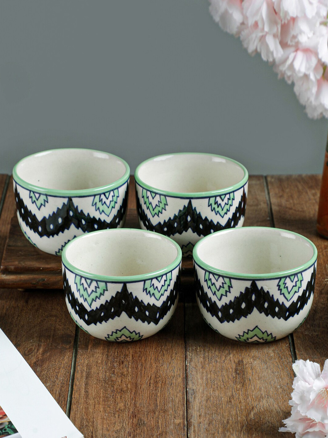 VarEesha White & Black 4 Pieces Handcrafted and Hand Painted Printed Ceramic Glossy Bowls