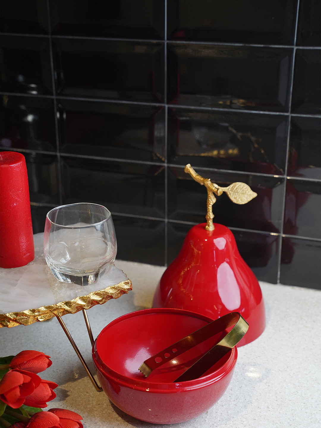 Folkstorys Red & Gold-Toned Handmade Pear-Shaped Ice Bucket With Tong
