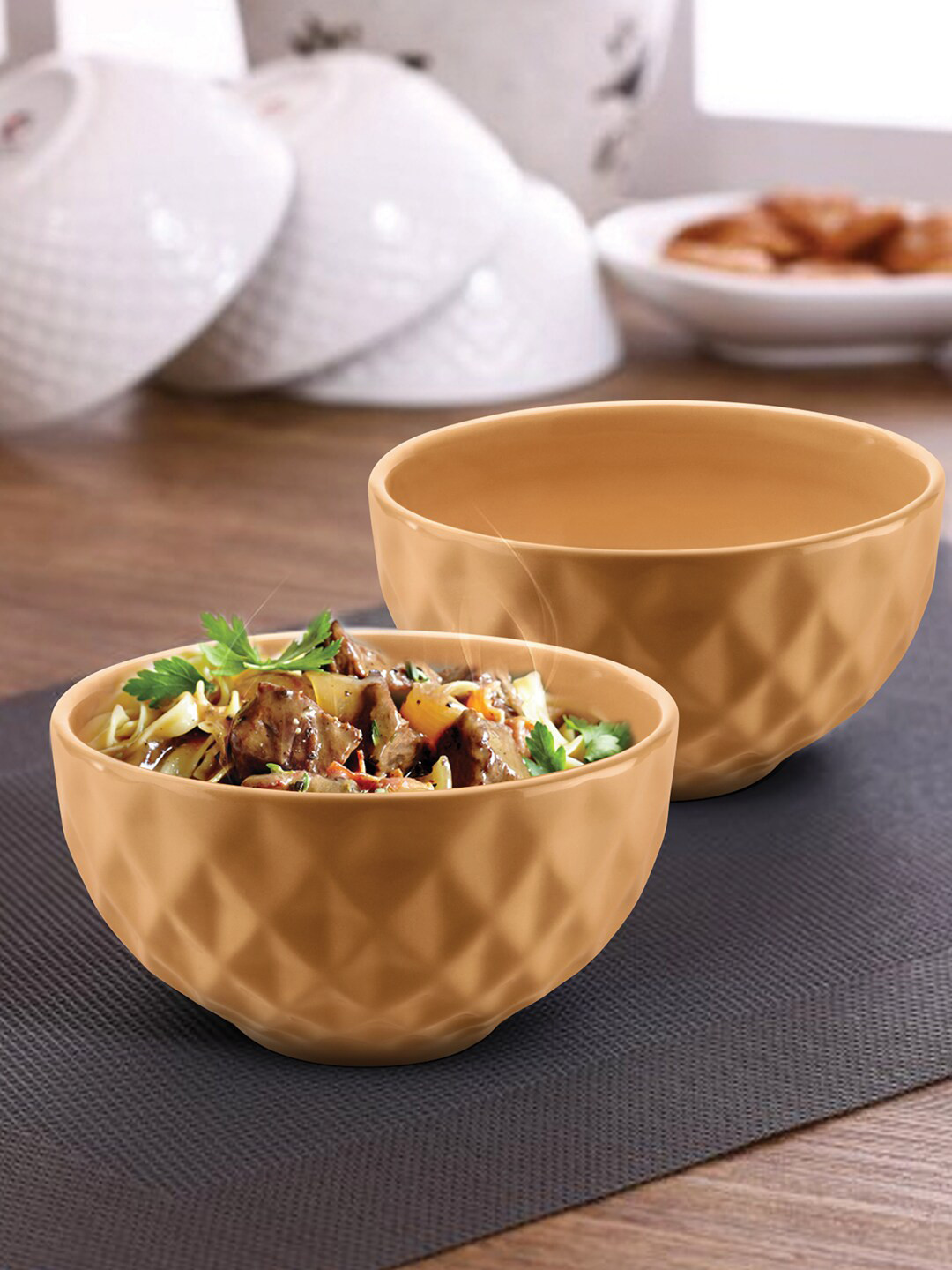 URBAN CHEF Set Of 2 Mustard Yellow Prism Textured Ceramic Handcrafted Serving Bowls