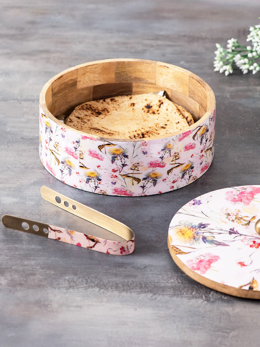 nestroots White & Brown Printed Wooden Chapatti Box With Tongs