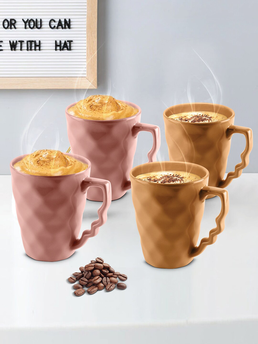 URBAN CHEF Peach Textured Ceramic Handcrafted 4 Piece Mugs-225ml