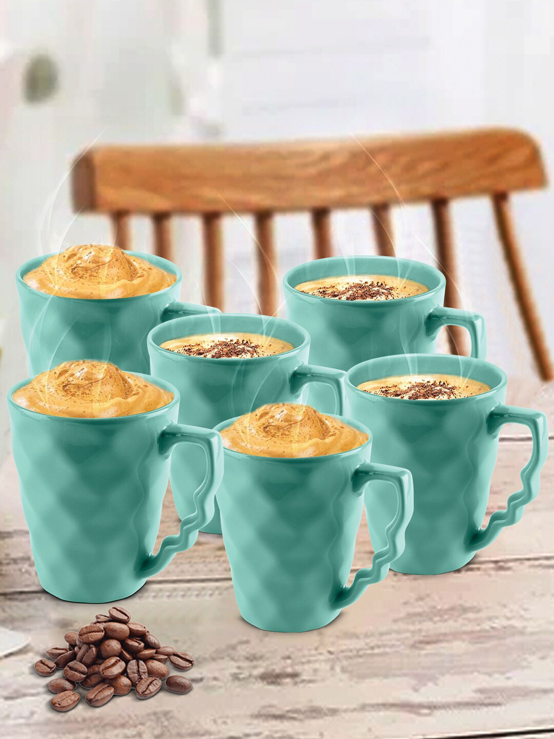 URBAN CHEF Sea Green Textured Ceramic Handmade 6 Piece Mugs-225ml