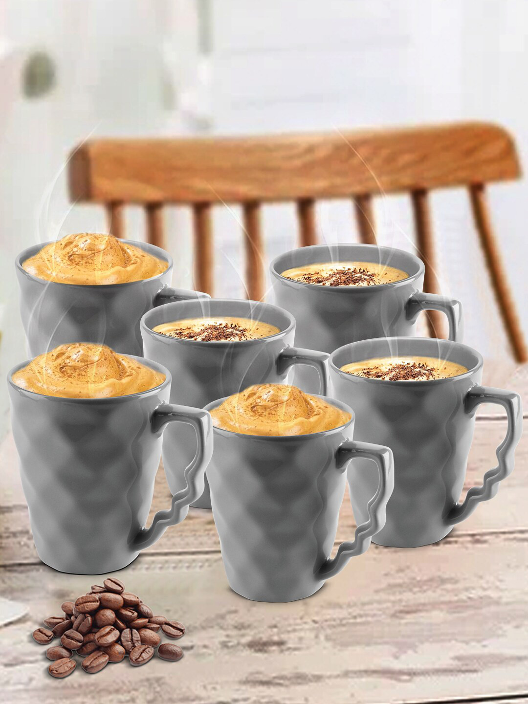 URBAN CHEF Sparkle & Golden Border Grey Ceramic Handmade 6 Piece Mugs-225ml