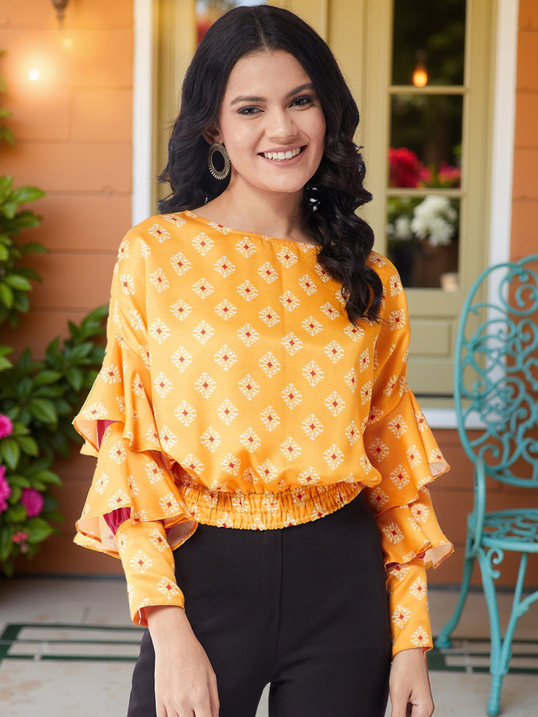 Pannkh Multicoloured Geometric Bell Sleeve Regular Top