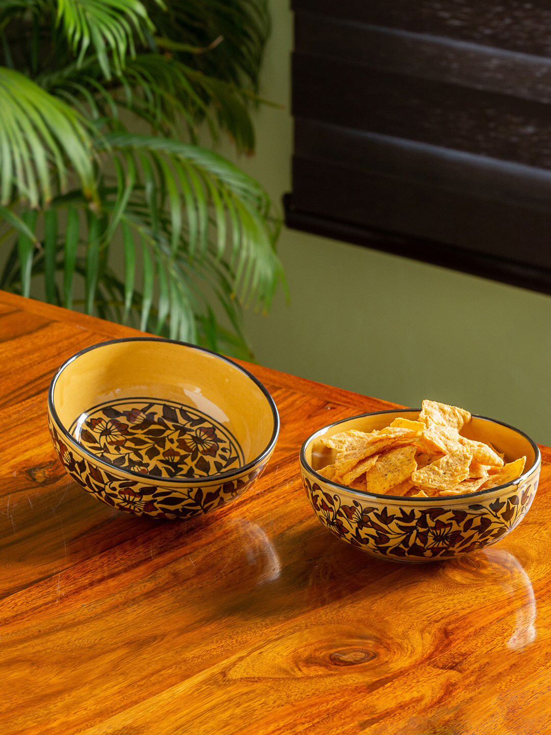 ExclusiveLane Set of 2 Brown Mughal Floral Hand Painted Ceramic Serving Bowl Set