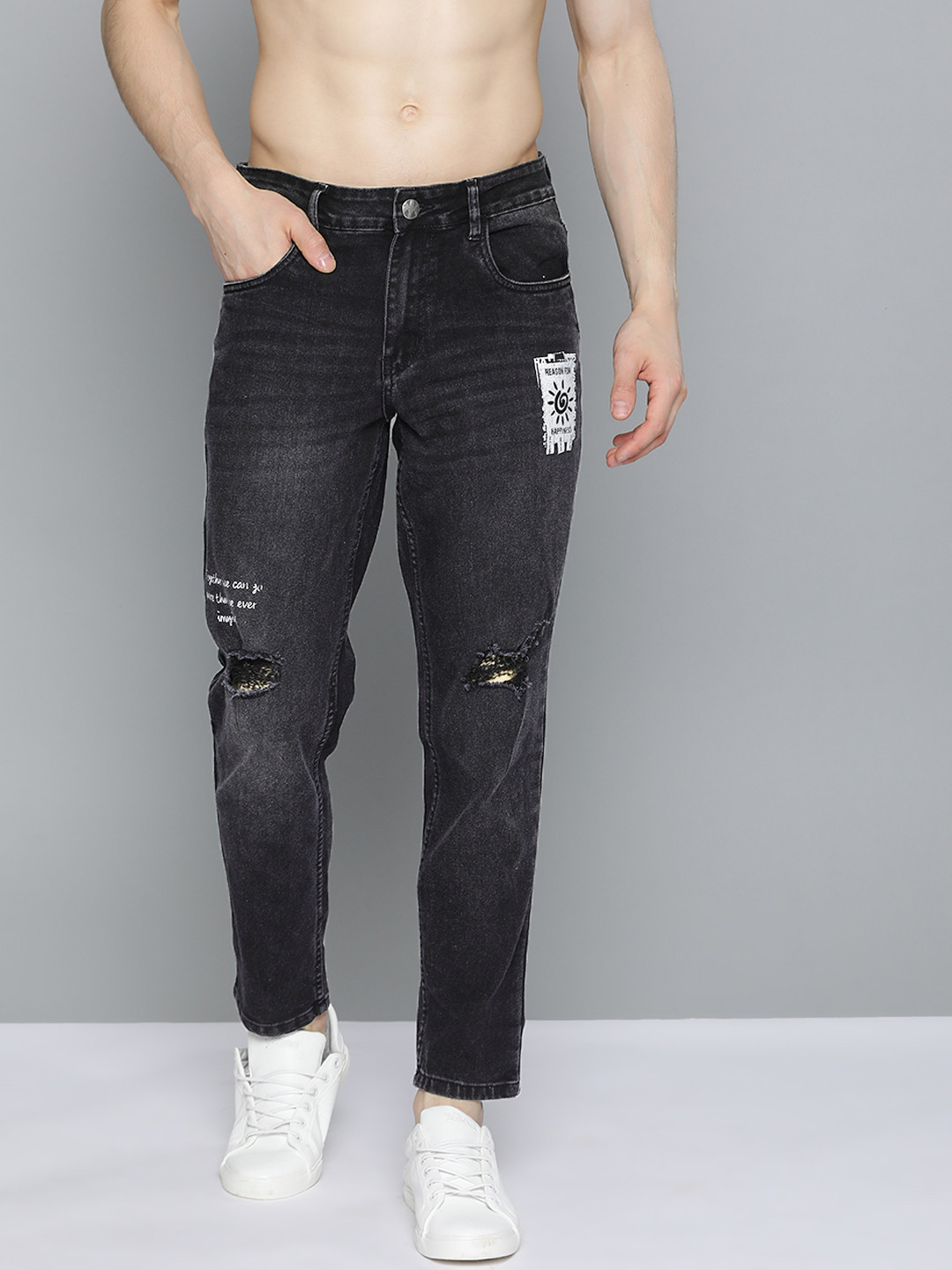 Kook N Keech Men Black Slash Knee Light Fade Stretchable Jeans