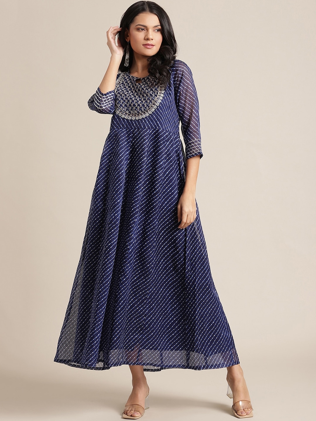 Buy Varanga Women Blue White Striped Keyhole Neck Thread Work