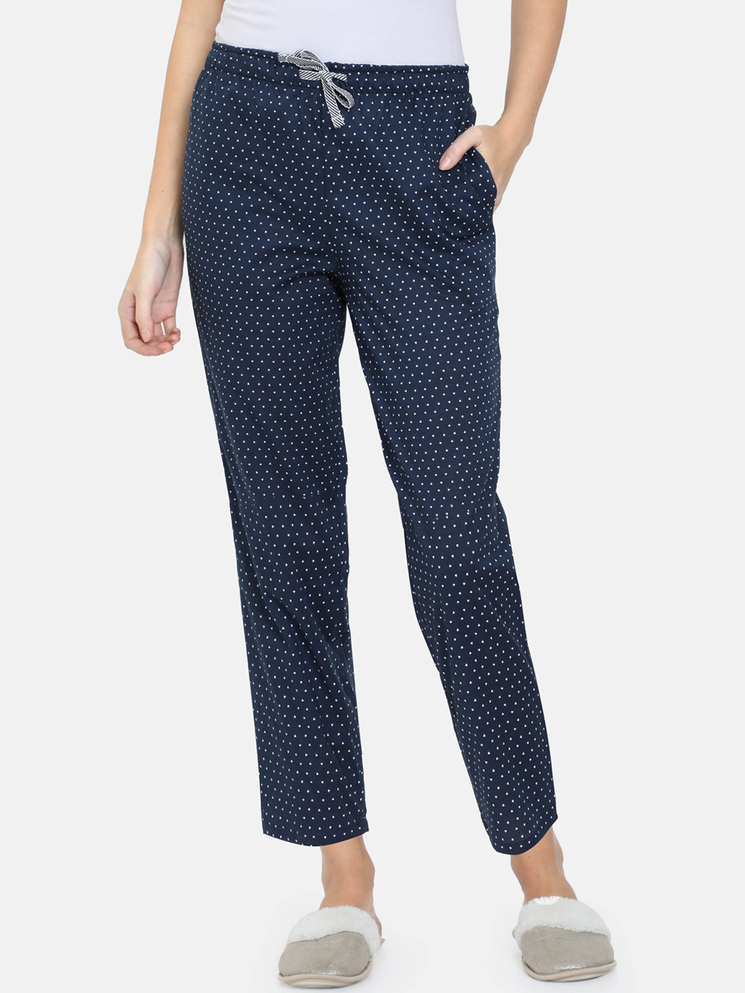 Bareblow Women Navy Blue & White The White Heart Printed Seamless Pure Cotton Lounge Pants