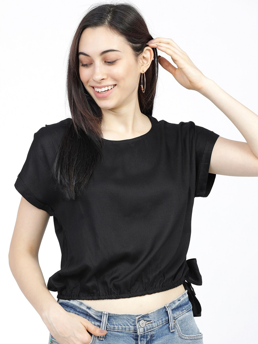 Tokyo Talkies Women Solid Black Blouson Tie Up Crop Top