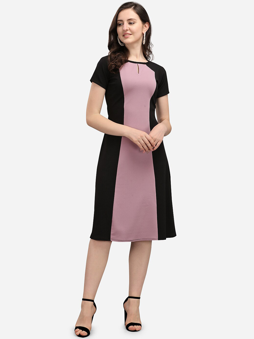 PURVAJA Black & Pink Colourblocked A-Line Dress