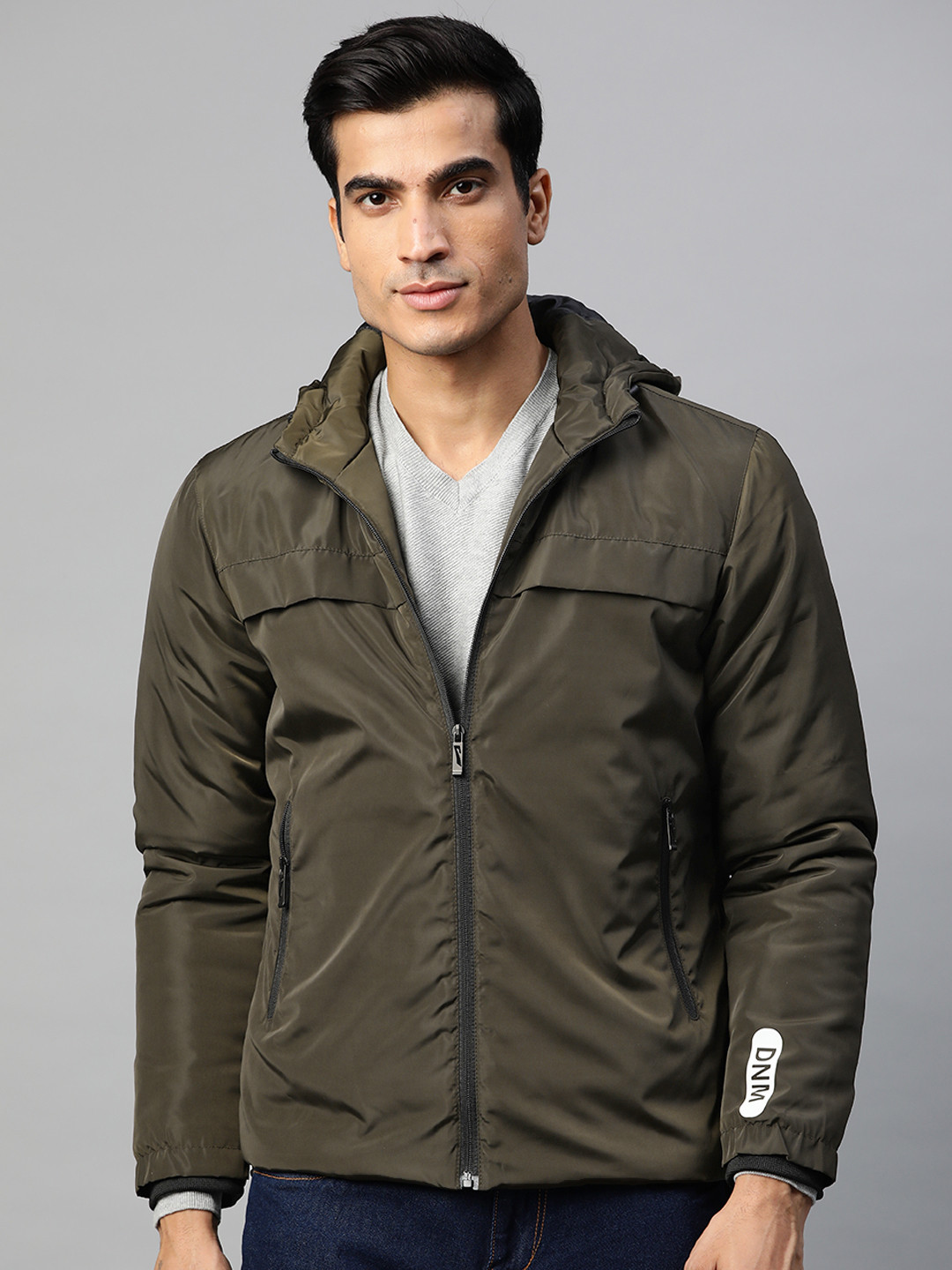 Pierre Carlo Men Olive Green Solid Hooded Padded Jacket