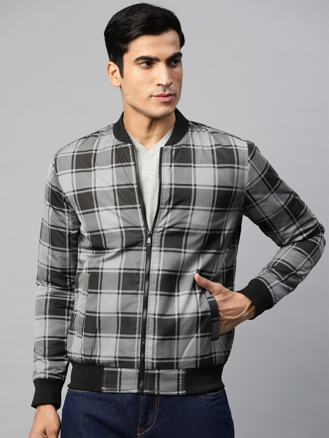 Pierre Carlo Men Grey & Black Checked Bomber Jacket