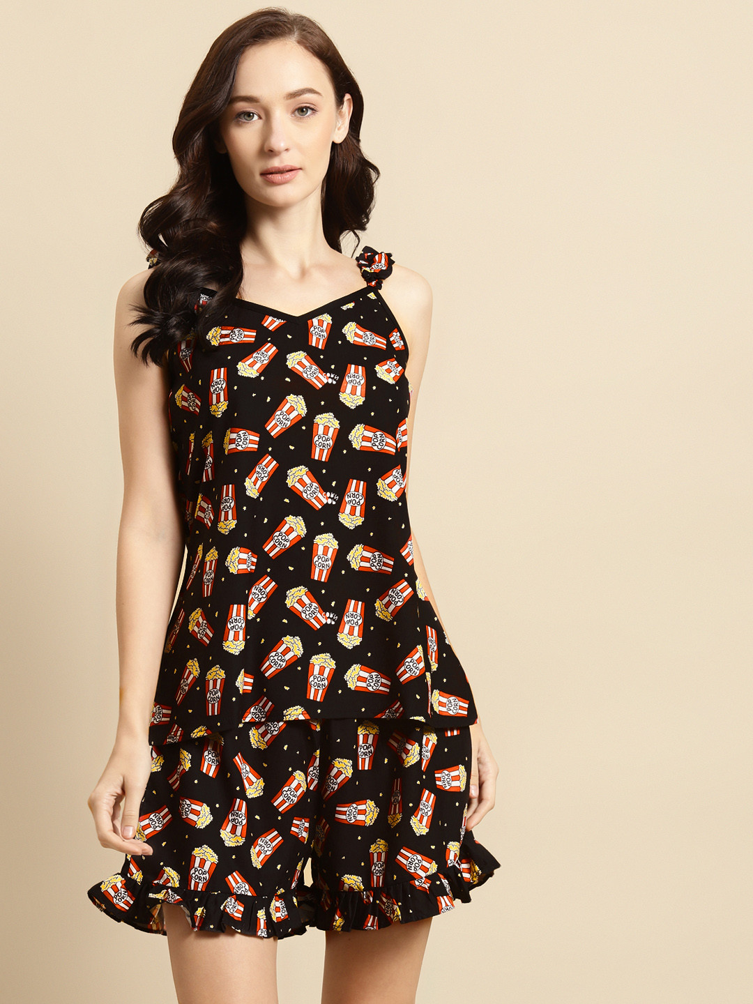 WoowZerz Women Black & Red Popcorn Print Night suit