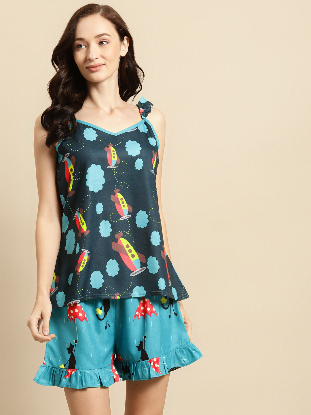 WoowZerz Women Teal Blue & Red Aeroplane Printed Night suit