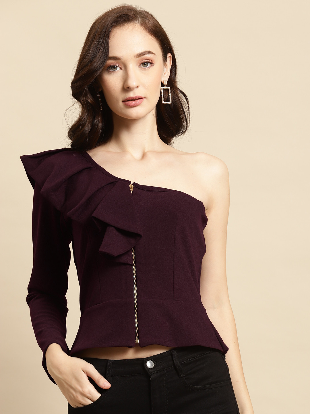 WoowZerz Burgundy One Shoulder Regular Top